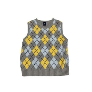 Gap Kids Argyle Sweater Vest Gray Yellow Blue V-Neck Size S 6-7 Preppy Knit